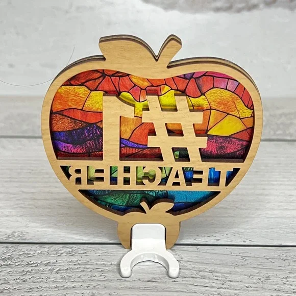 Number 1 Teacher Apple Night Light Stained Glass Effect Wood Decor Handcrafted - Picture 7 of 10